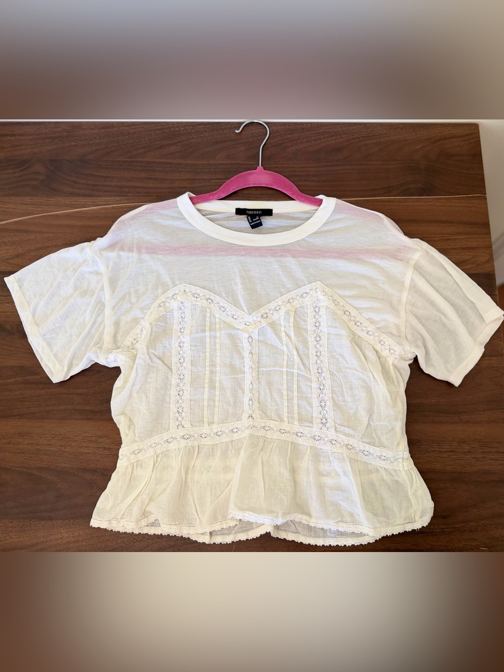 Forever 21 Ivory Lace Trim Bustier Crop Top XS Short Sleeve Corset Peplum Top